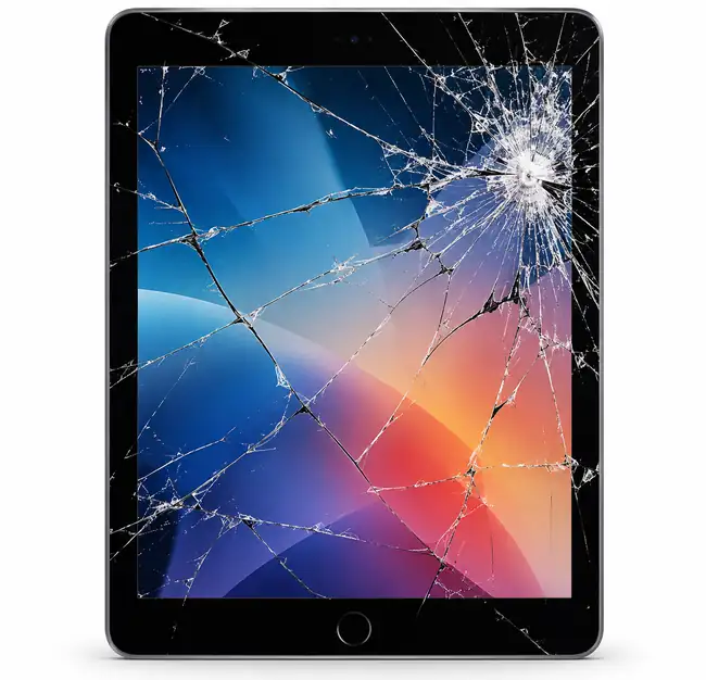 iPad with a badly cracked screen waiting for screen repair